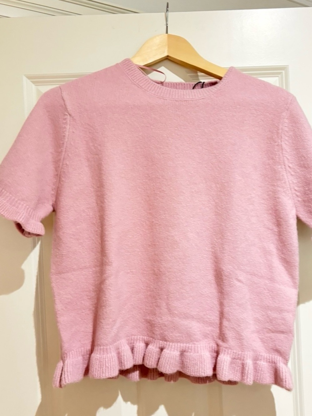 Zara Pink Short Sleeve Crewneck Sweater with Ruffle Hem